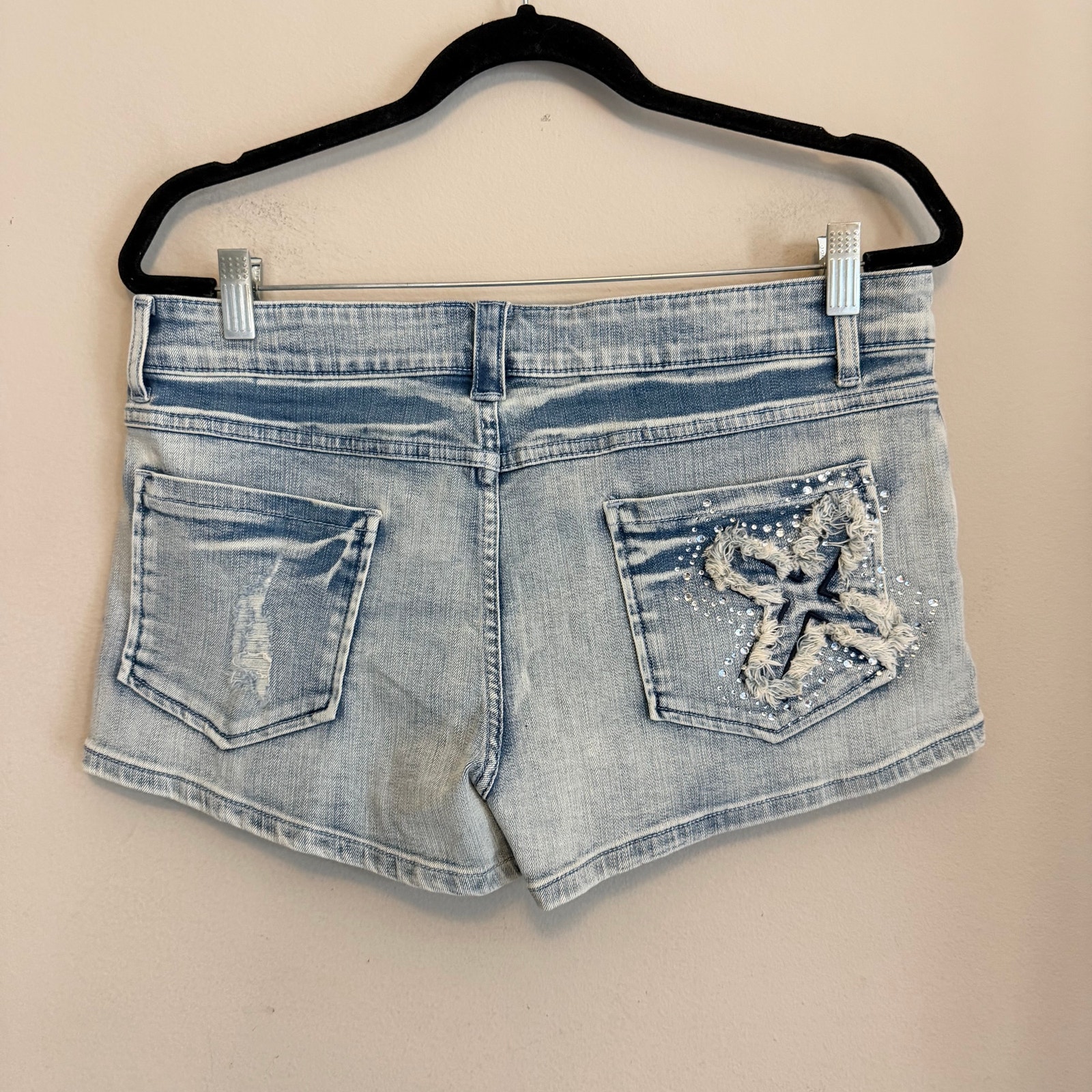 Outcast Mimmi Y2k Low Rise Shorts Large Blue Denim Vintage Star Rhinestone Nwt — image 2 of 6